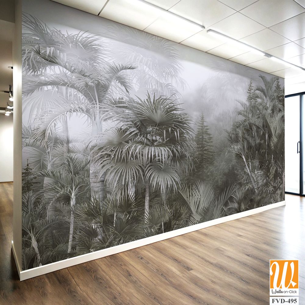 A foggy jungle with palm trees, monochrome [WP-FVD-495]