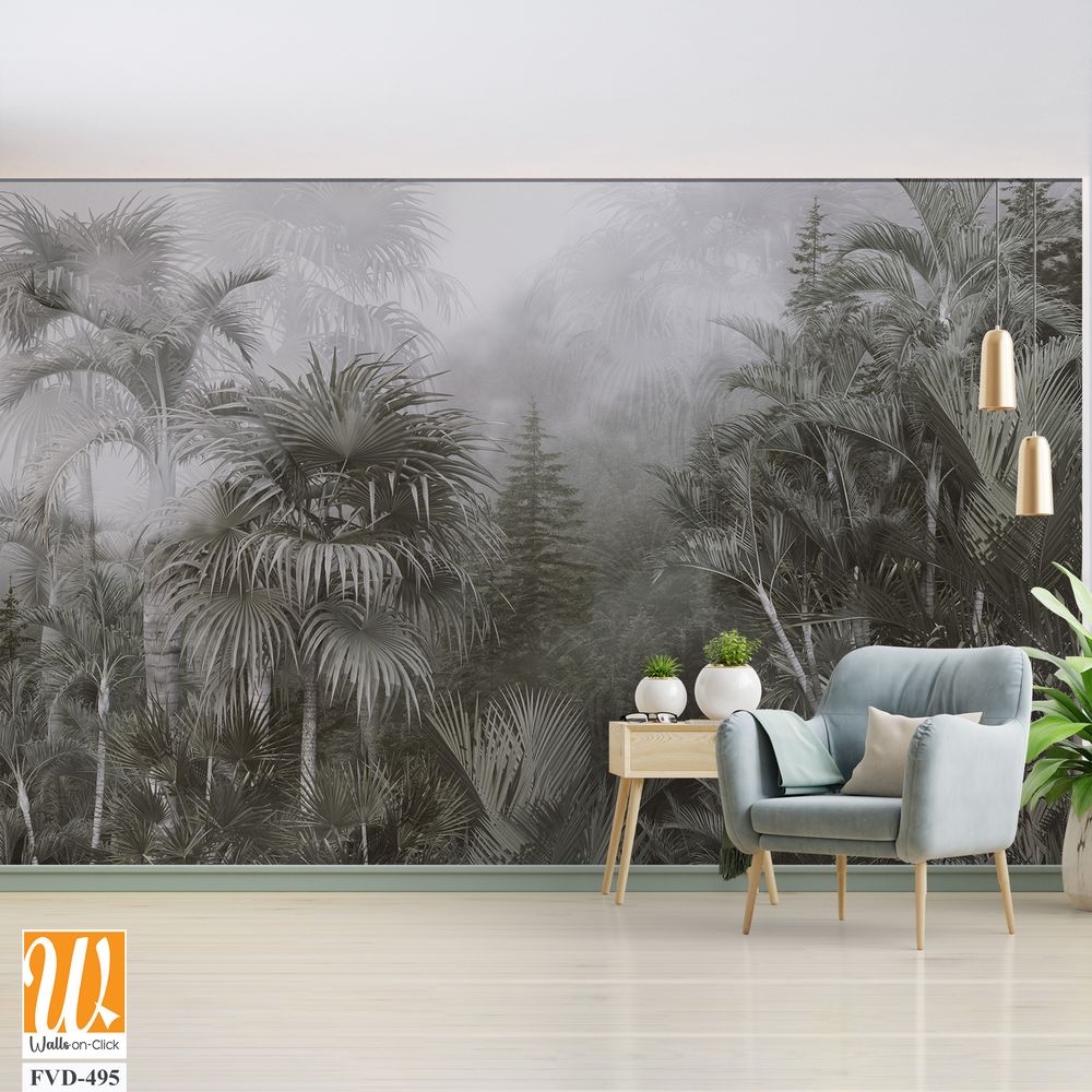 A foggy jungle with palm trees, monochrome [WP-FVD-495]