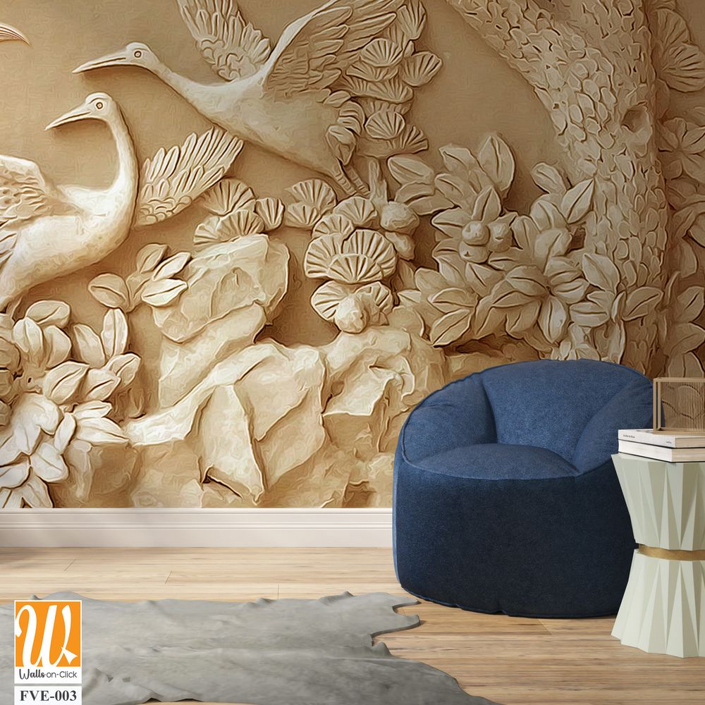 3D relief of carved stone wall art of cranes and flowers [WP-FVE-003]