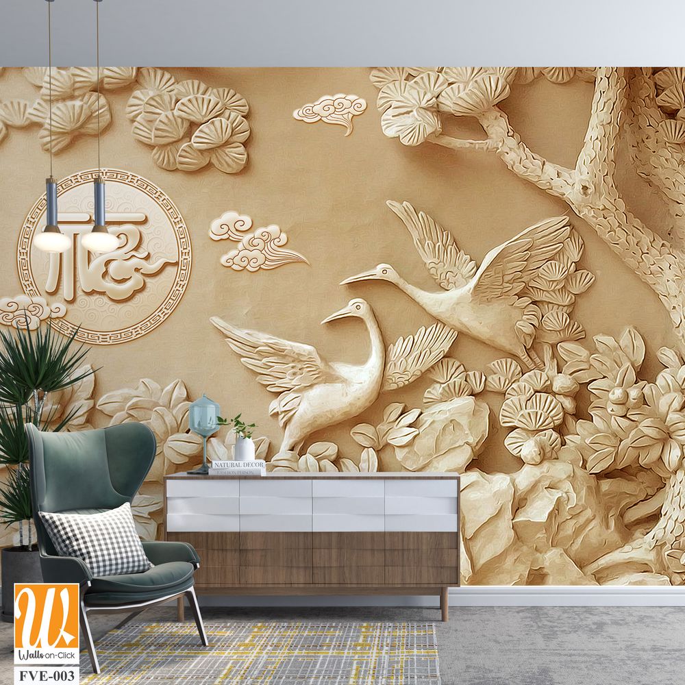 3D relief of carved stone wall art of cranes and flowers [WP-FVE-003]