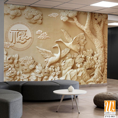3D relief of carved stone wall art of cranes and flowers [WP-FVE-003]