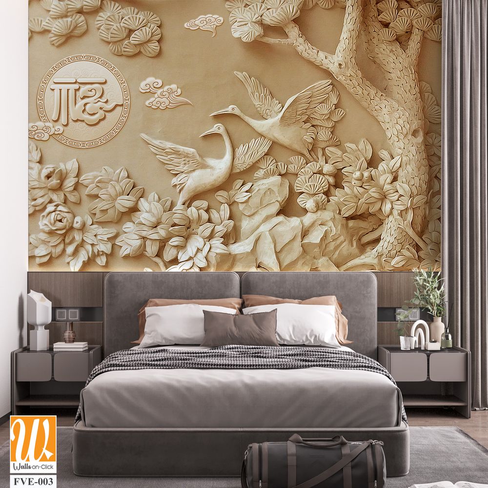 3D relief of carved stone wall art of cranes and flowers [WP-FVE-003]