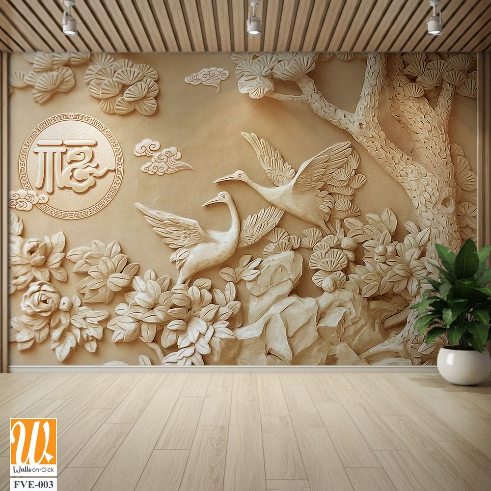 3D relief of carved stone wall art of cranes and flowers [WP-FVE-003]