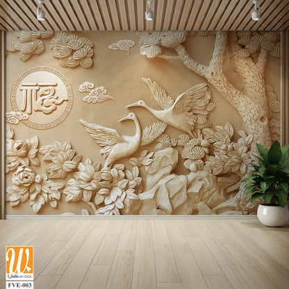 3D relief of carved stone wall art of cranes and flowers [WP-FVE-003]