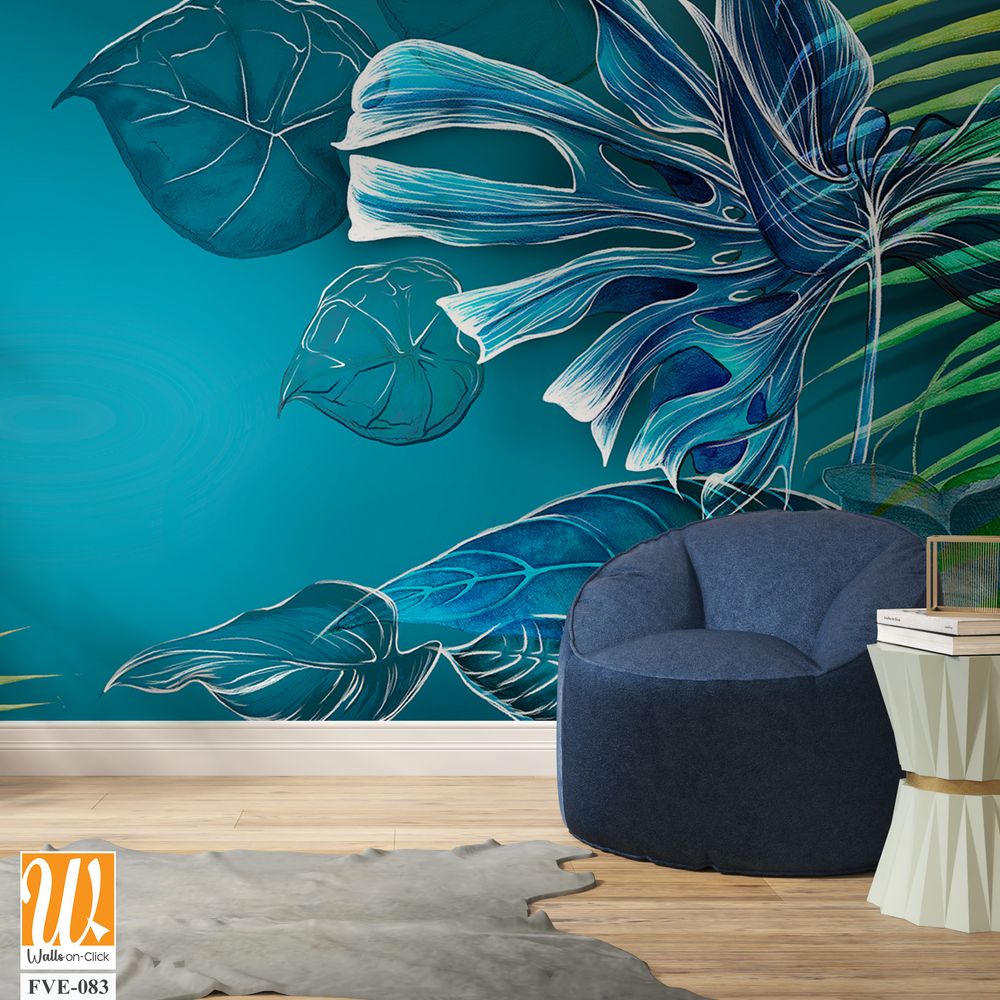 Watercolor tropical leaves on a blue background. Great choice for wallpapers, photo wallpapers, posters and cards. [WP-FVE-083]
