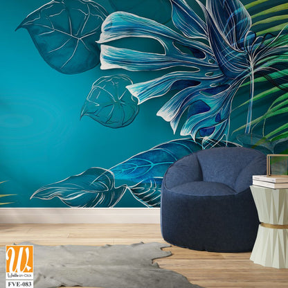 Watercolor tropical leaves on a blue background. Great choice for wallpapers, photo wallpapers, posters and cards. [WP-FVE-083]