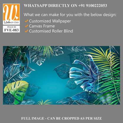 Watercolor tropical leaves on a blue background. Great choice for wallpapers, photo wallpapers, posters and cards. [WP-FVE-083]