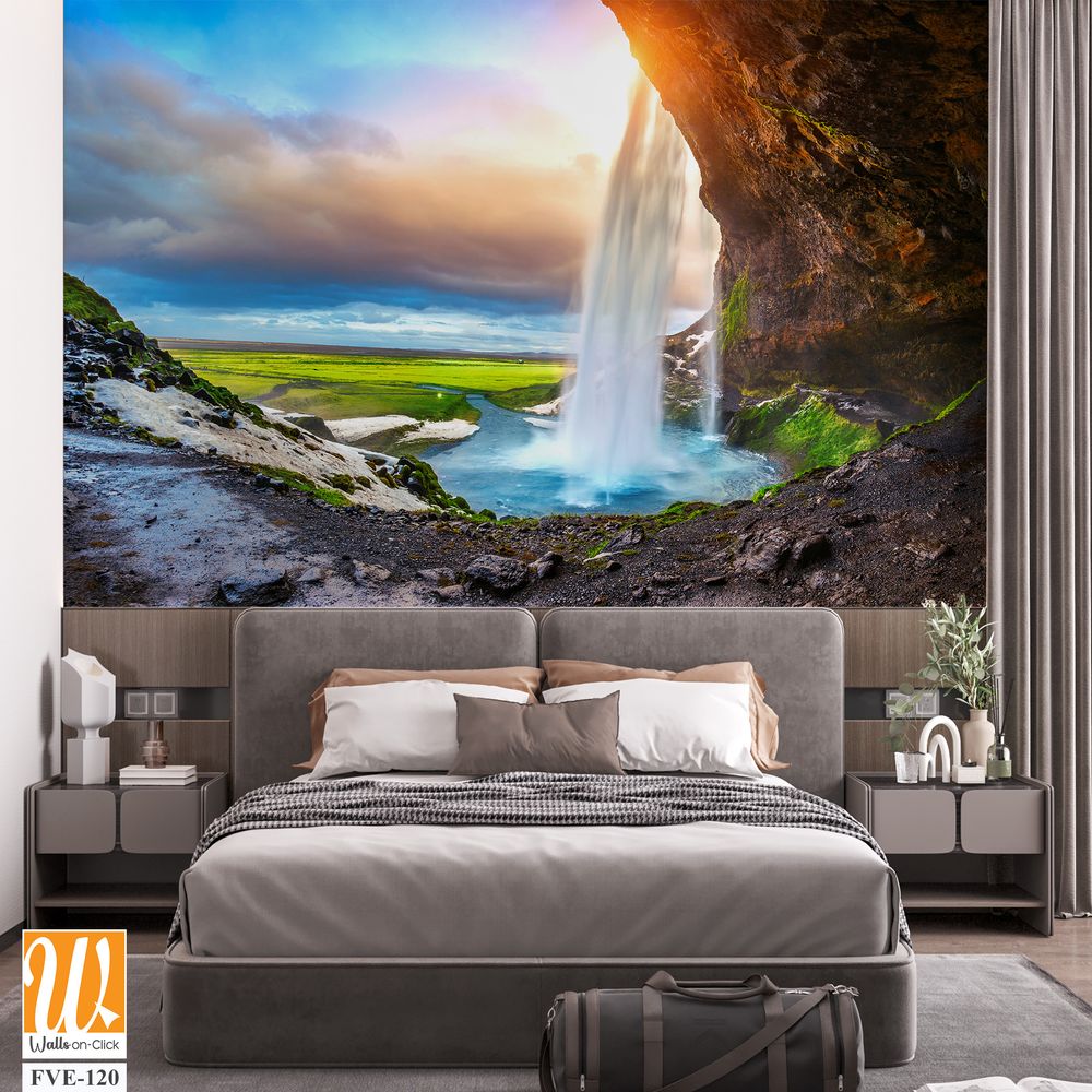 Waterfall at golden hour in Iceland Wallpaper [WP-FVE-120]