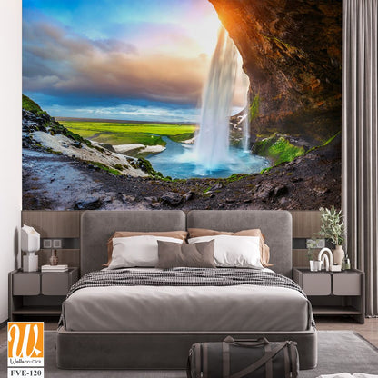 Waterfall at golden hour in Iceland Wallpaper [WP-FVE-120]