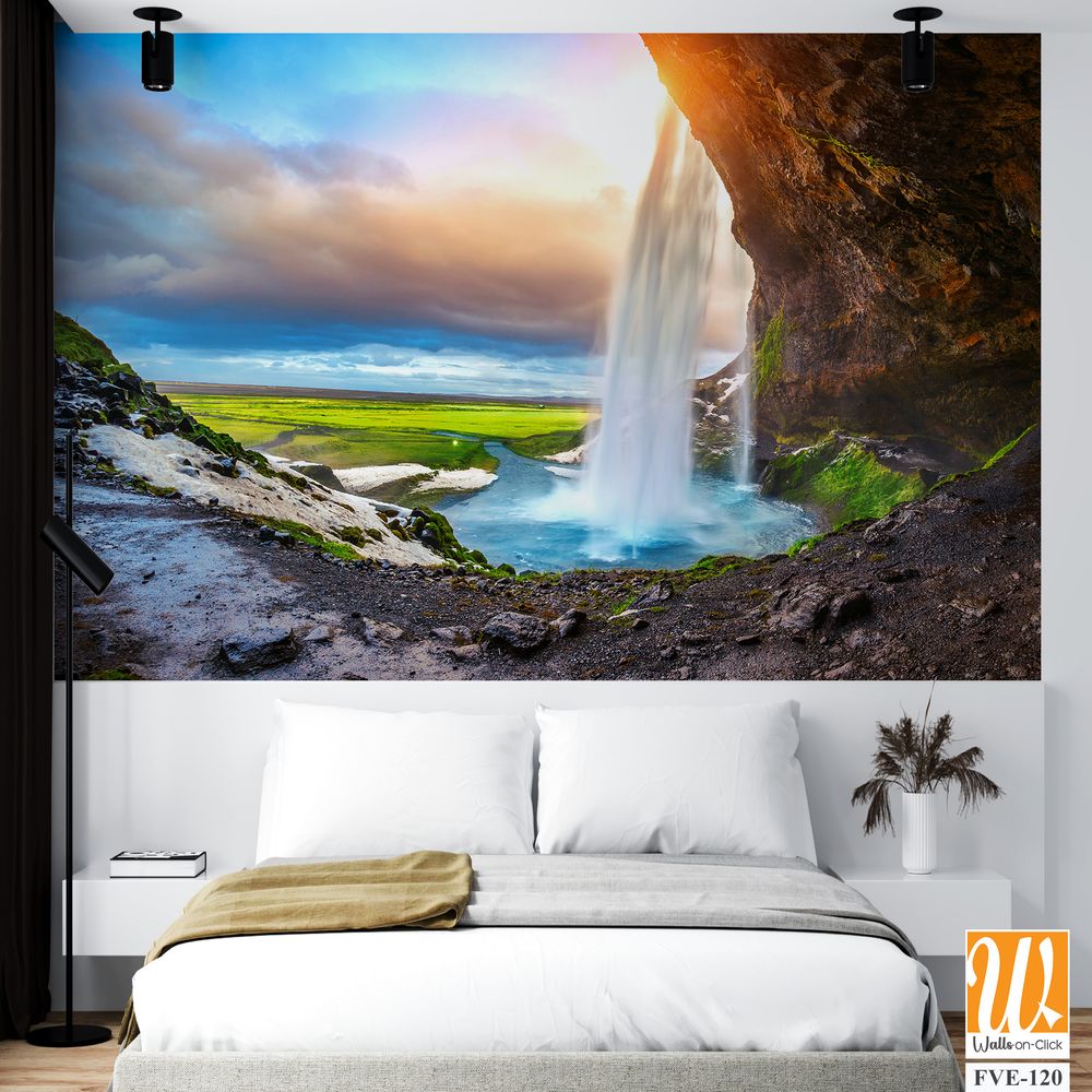 Waterfall at golden hour in Iceland Wallpaper [WP-FVE-120]