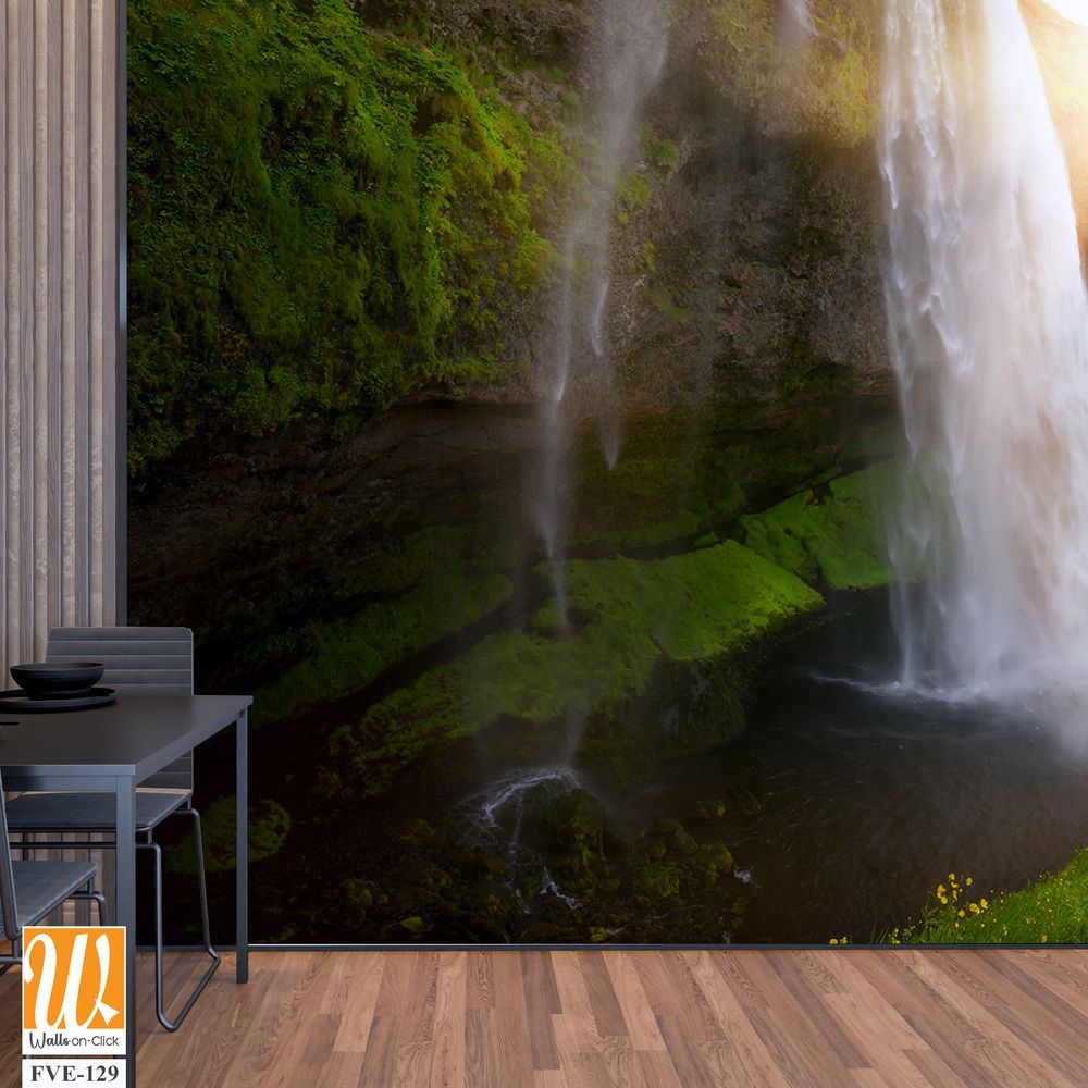 A waterfall in Iceland, with green mossy cliffs [WP-FVE-129]