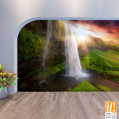 A waterfall in Iceland, with green mossy cliffs [WP-FVE-129]