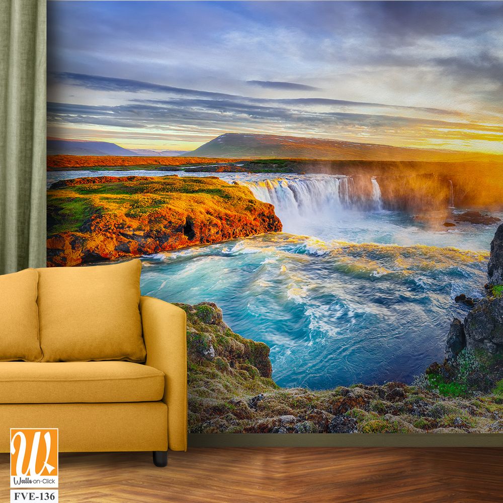 Beautiful sunset over the majestic waterfall in Iceland [WP-FVE-136]