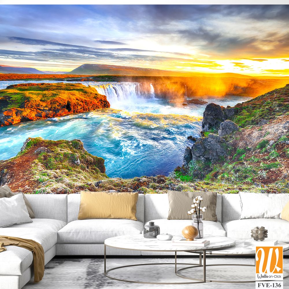 Beautiful sunset over the majestic waterfall in Iceland [WP-FVE-136]
