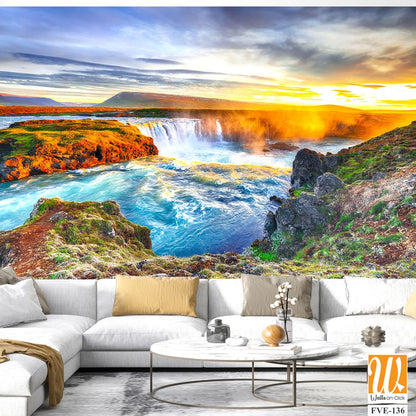 Beautiful sunset over the majestic waterfall in Iceland [WP-FVE-136]