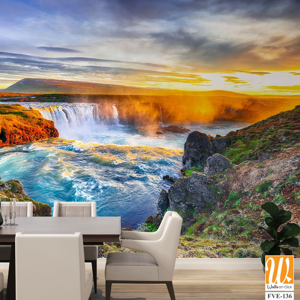 Beautiful sunset over the majestic waterfall in Iceland [WP-FVE-136]