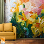 Abstract oil painting of daffodils with loose brushstrokes [WP-FVE-226]