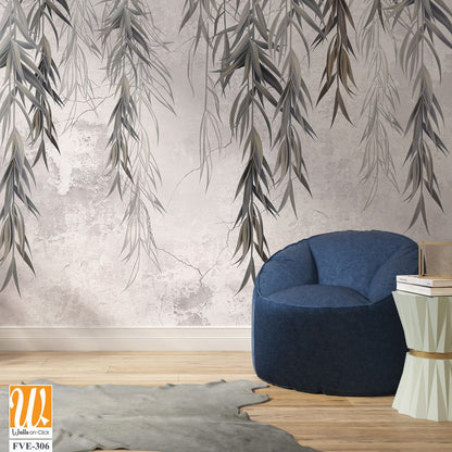 Photo wallpaper, wallpaper, mural design in the loft, classic, modern style. Willow branches on a gray concrete grunge wall. [WP-FVE-306]