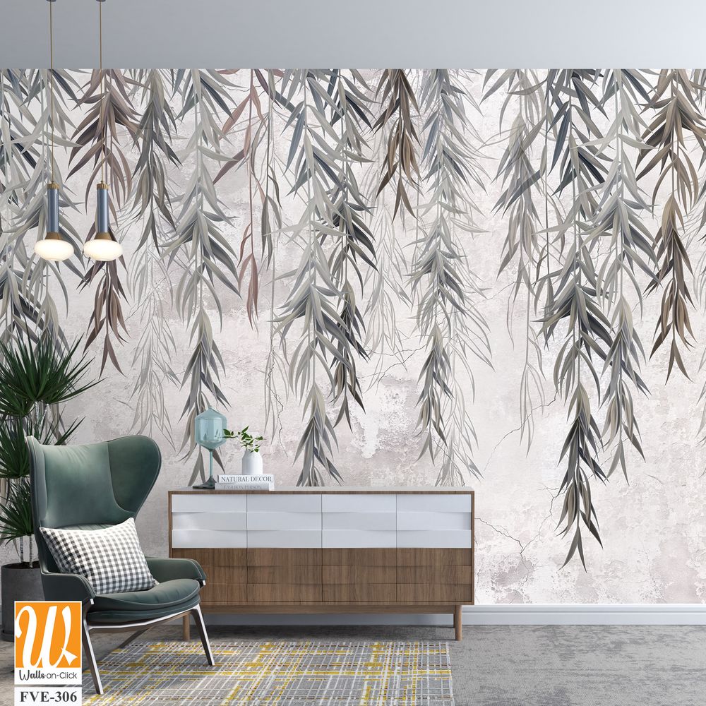 Photo wallpaper, wallpaper, mural design in the loft, classic, modern style. Willow branches on a gray concrete grunge wall. [WP-FVE-306]
