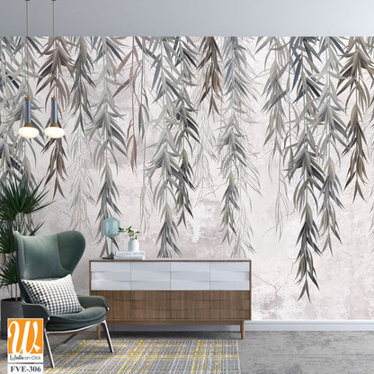 Photo wallpaper, wallpaper, mural design in the loft, classic, modern style. Willow branches on a gray concrete grunge wall. [WP-FVE-306]
