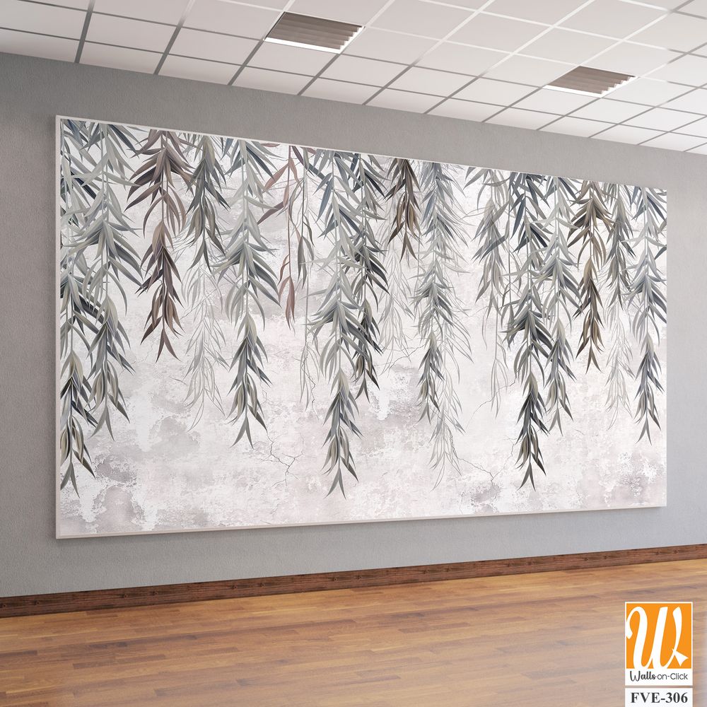 Photo wallpaper, wallpaper, mural design in the loft, classic, modern style. Willow branches on a gray concrete grunge wall. [WP-FVE-306]