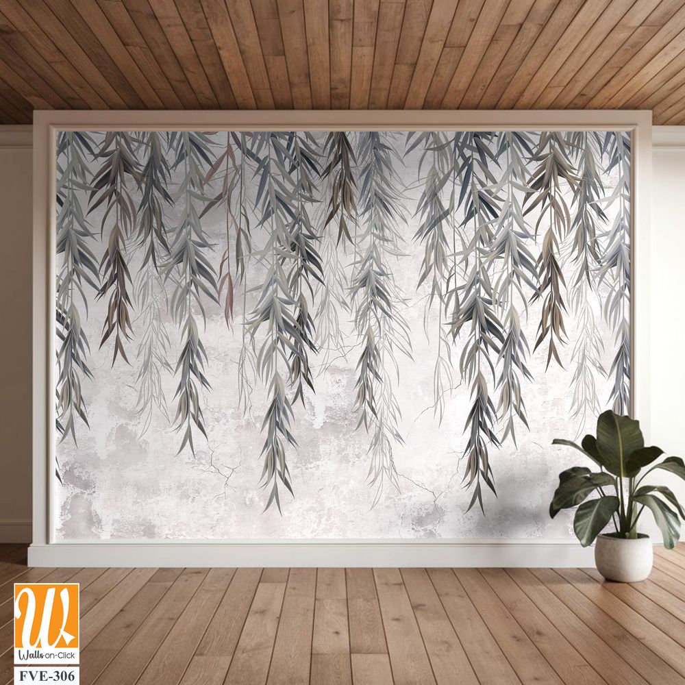 Photo wallpaper, wallpaper, mural design in the loft, classic, modern style. Willow branches on a gray concrete grunge wall. [WP-FVE-306]