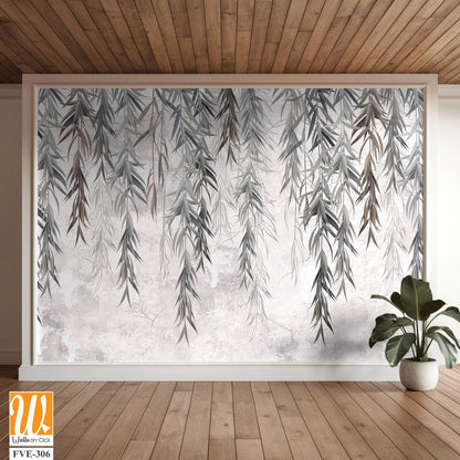 Photo wallpaper, wallpaper, mural design in the loft, classic, modern style. Willow branches on a gray concrete grunge wall. [WP-FVE-306]
