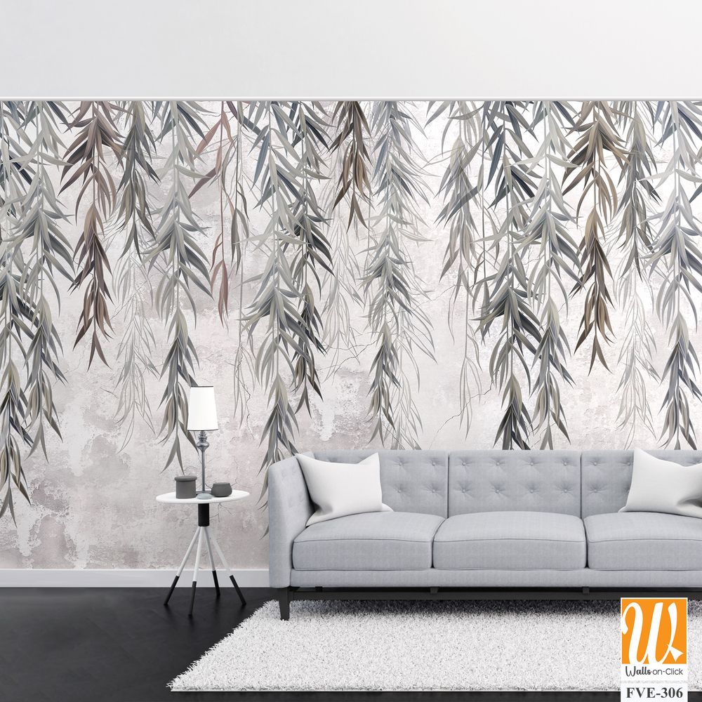 Photo wallpaper, wallpaper, mural design in the loft, classic, modern style. Willow branches on a gray concrete grunge wall. [WP-FVE-306]