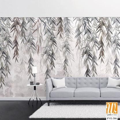 Photo wallpaper, wallpaper, mural design in the loft, classic, modern style. Willow branches on a gray concrete grunge wall. [WP-FVE-306]