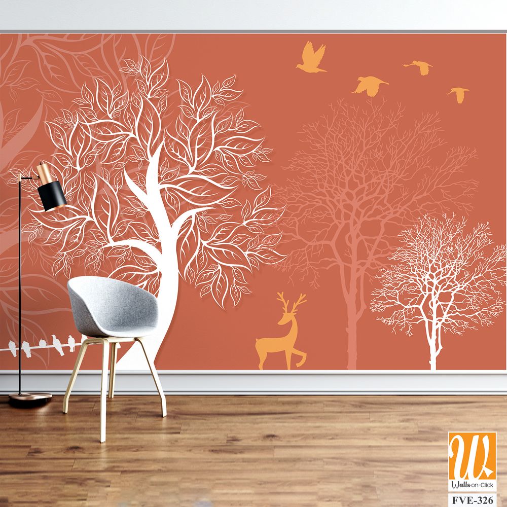White silhouette trees and deer on an orange background [WP-FVE-326]