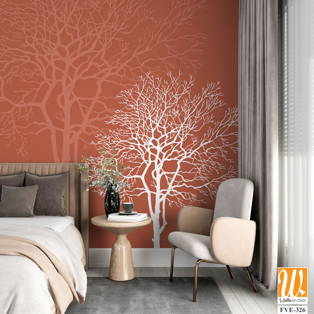 White silhouette trees and deer on an orange background [WP-FVE-326]