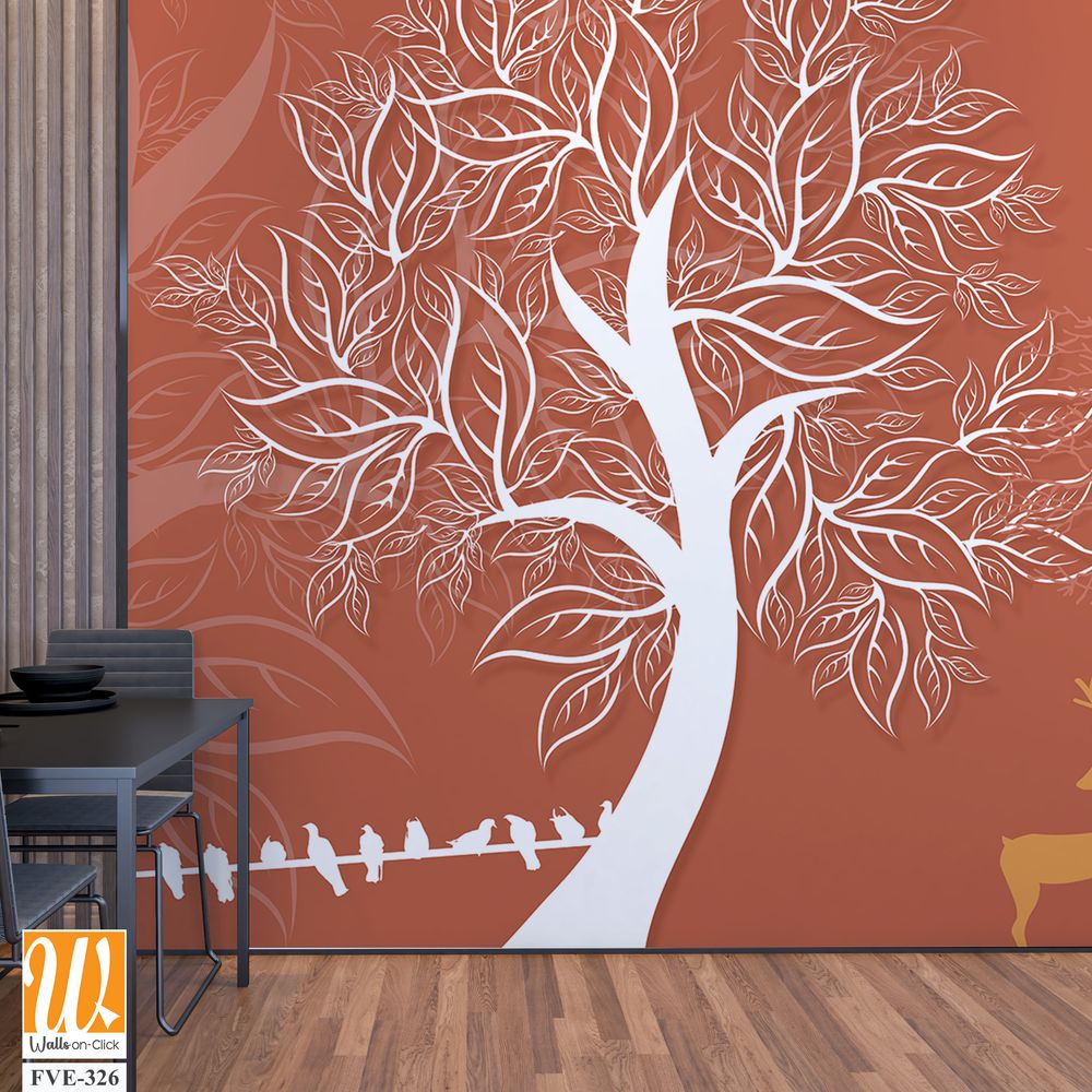 White silhouette trees and deer on an orange background [WP-FVE-326]