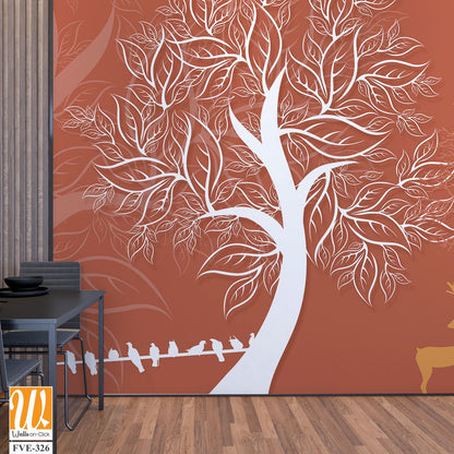 White silhouette trees and deer on an orange background [WP-FVE-326]