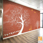 White silhouette trees and deer on an orange background [WP-FVE-326]