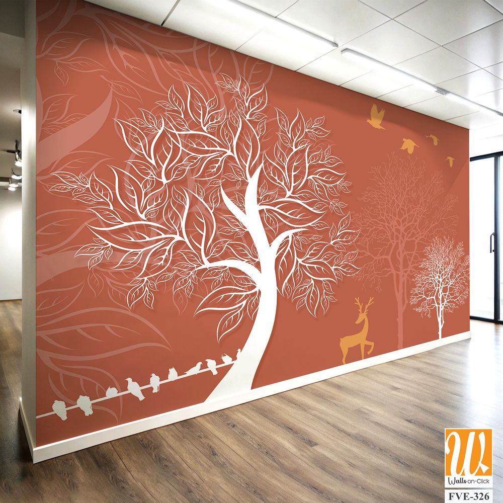 White silhouette trees and deer on an orange background [WP-FVE-326]