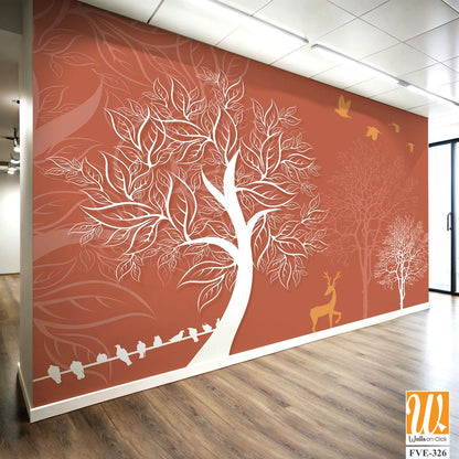 White silhouette trees and deer on an orange background [WP-FVE-326]