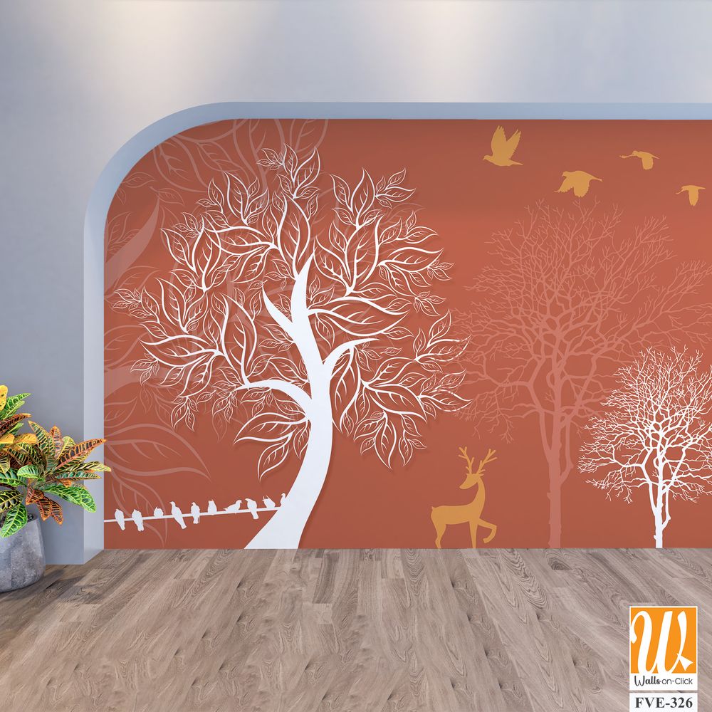 White silhouette trees and deer on an orange background [WP-FVE-326]