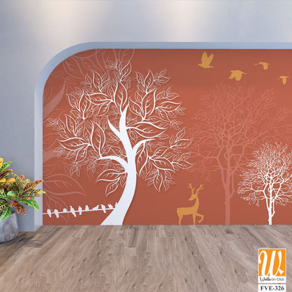 White silhouette trees and deer on an orange background [WP-FVE-326]