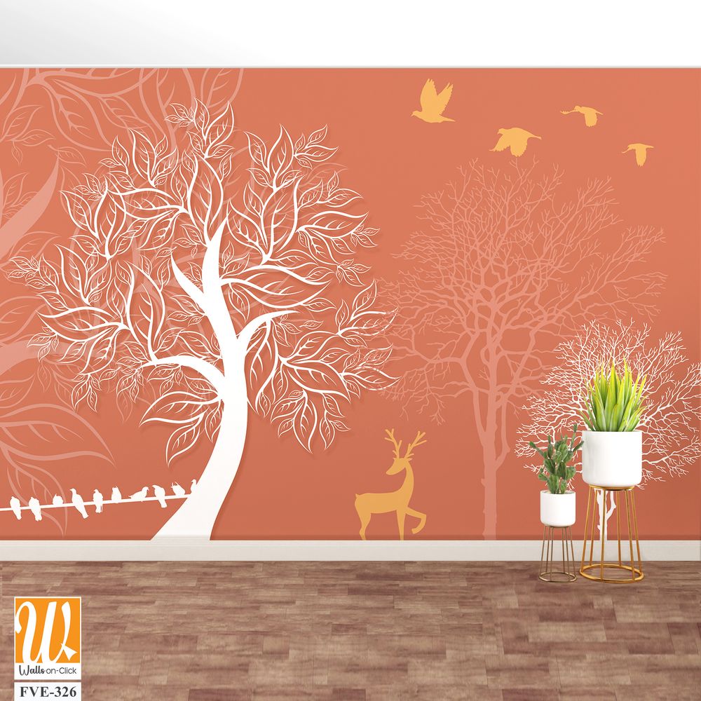 White silhouette trees and deer on an orange background [WP-FVE-326]