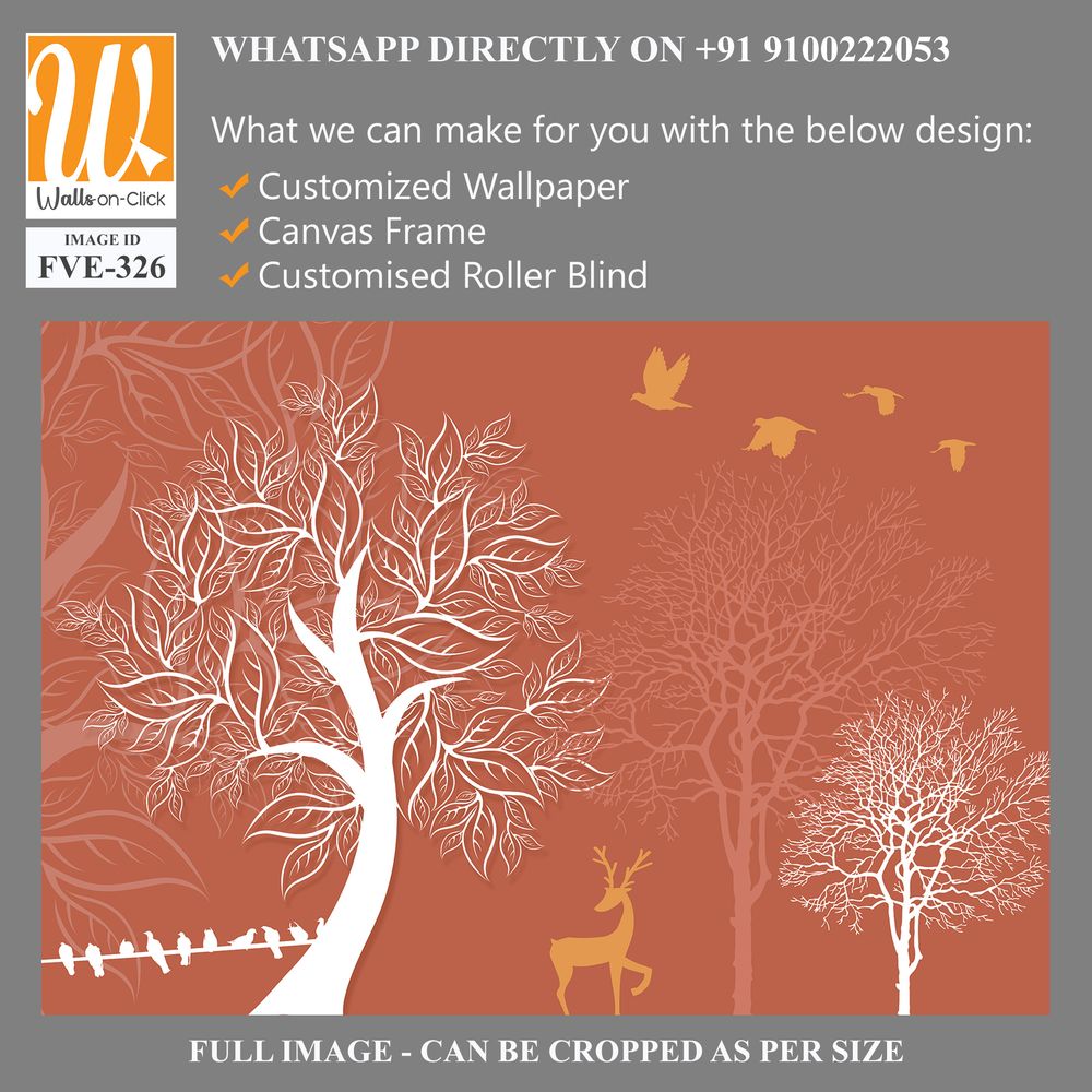 White silhouette trees and deer on an orange background [WP-FVE-326]