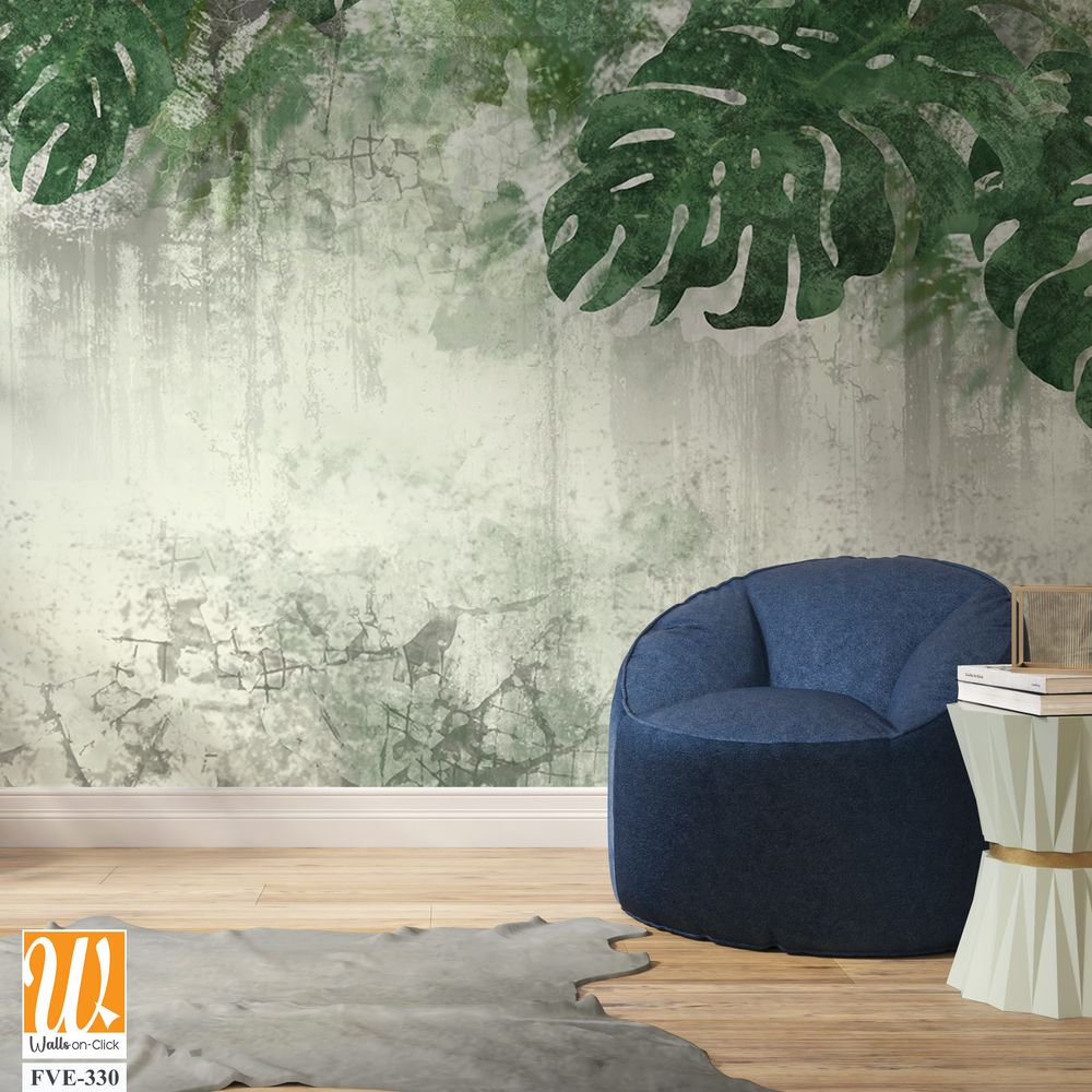 A wall with monstera leaves painted in green [WP-FVE-330]