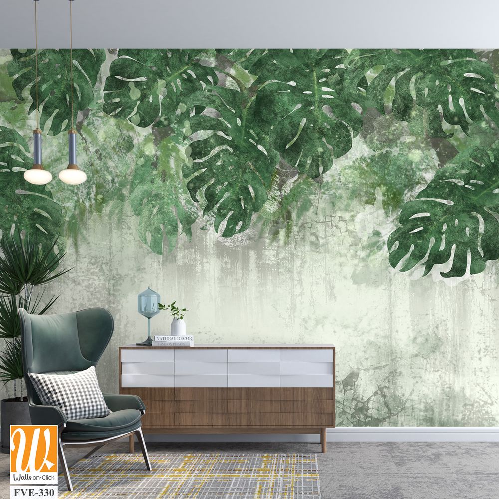 A wall with monstera leaves painted in green [WP-FVE-330]