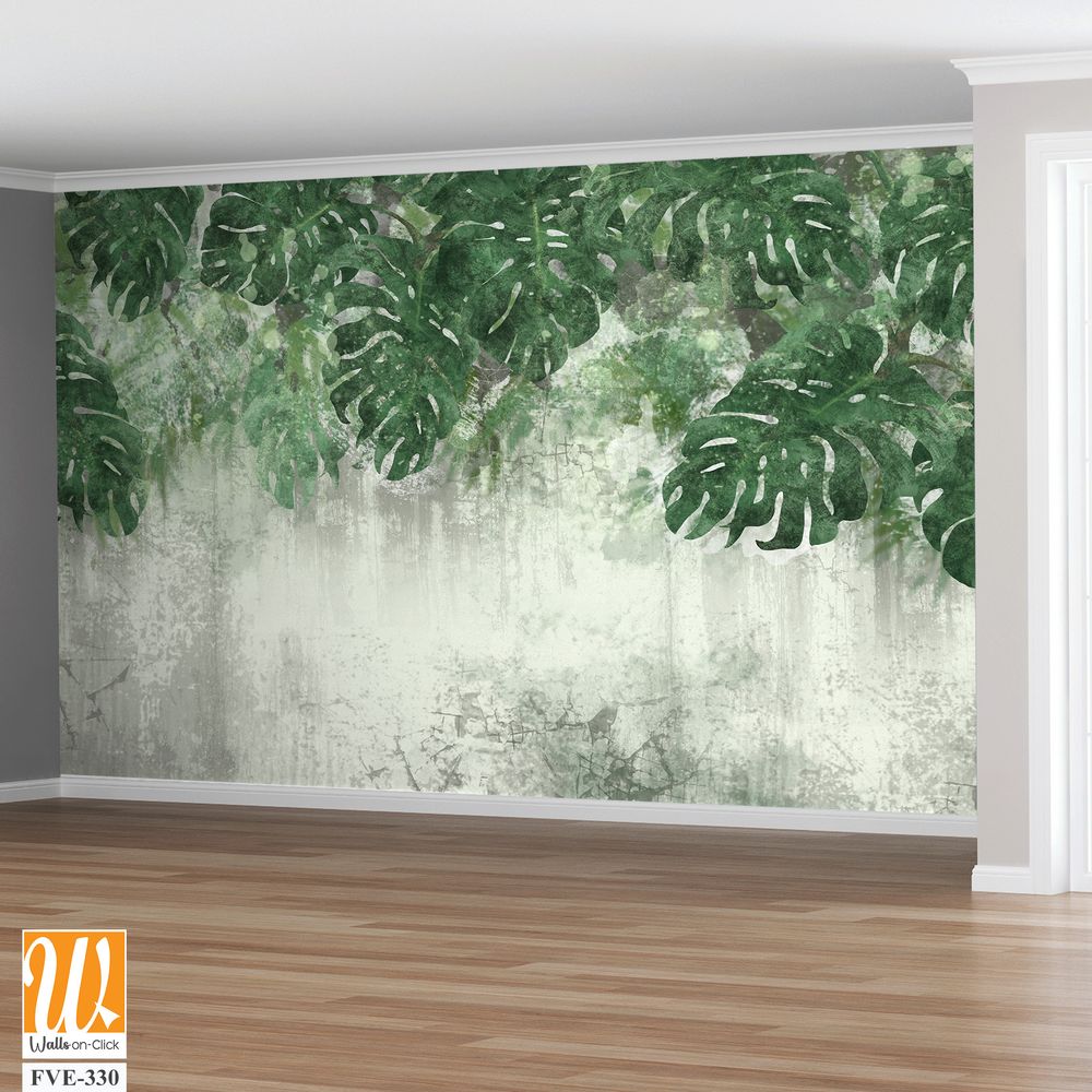 A wall with monstera leaves painted in green [WP-FVE-330]