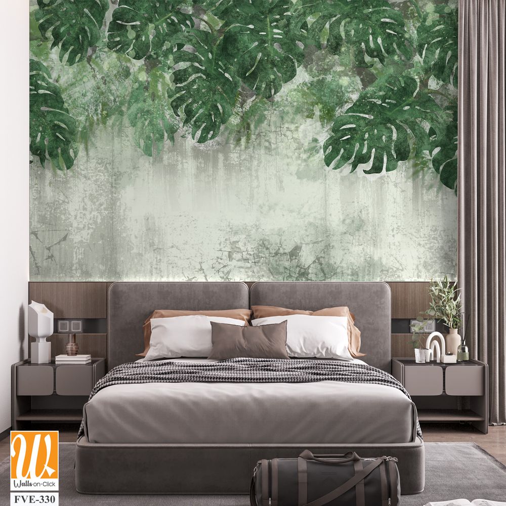 A wall with monstera leaves painted in green [WP-FVE-330]