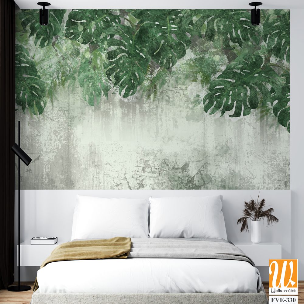 A wall with monstera leaves painted in green [WP-FVE-330]