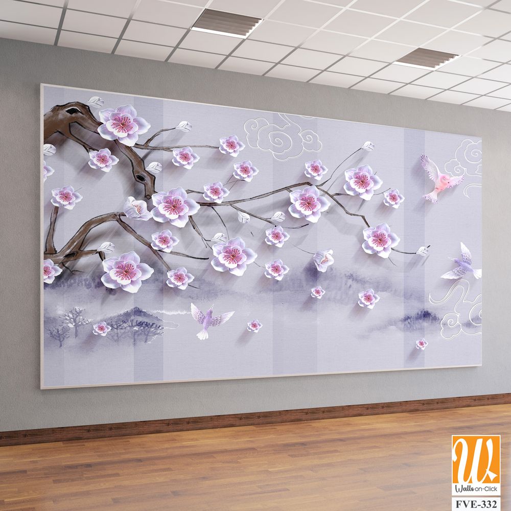 3D cherry blossom tree branch with pink and purple flowers [WP-FVE-332]