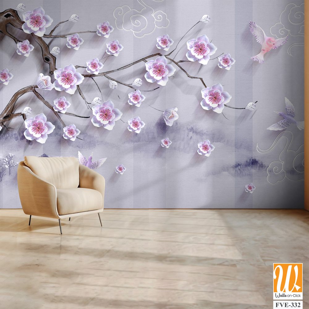 3D cherry blossom tree branch with pink and purple flowers [WP-FVE-332]