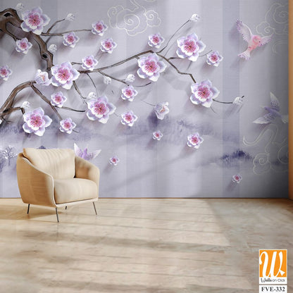 3D cherry blossom tree branch with pink and purple flowers [WP-FVE-332]