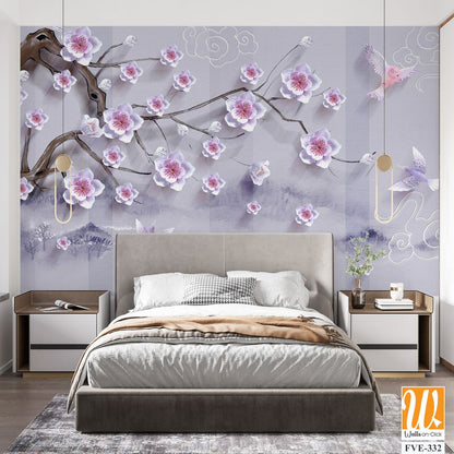 3D cherry blossom tree branch with pink and purple flowers [WP-FVE-332]
