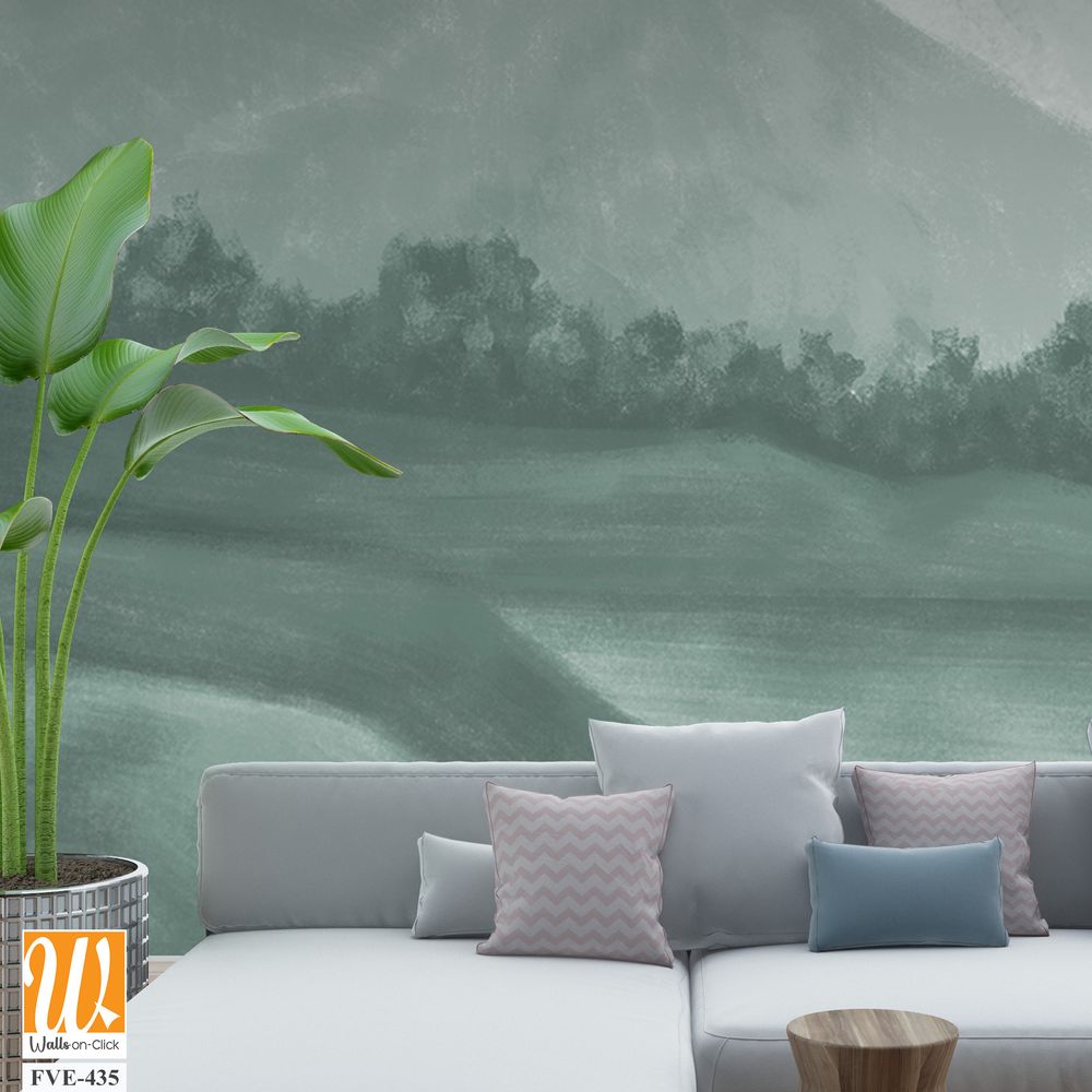 Landscape wallpaper design, oil painting effect landscape illustration, green monochrome, mural art, nature background, mountain landscape [WP-FVE-435]